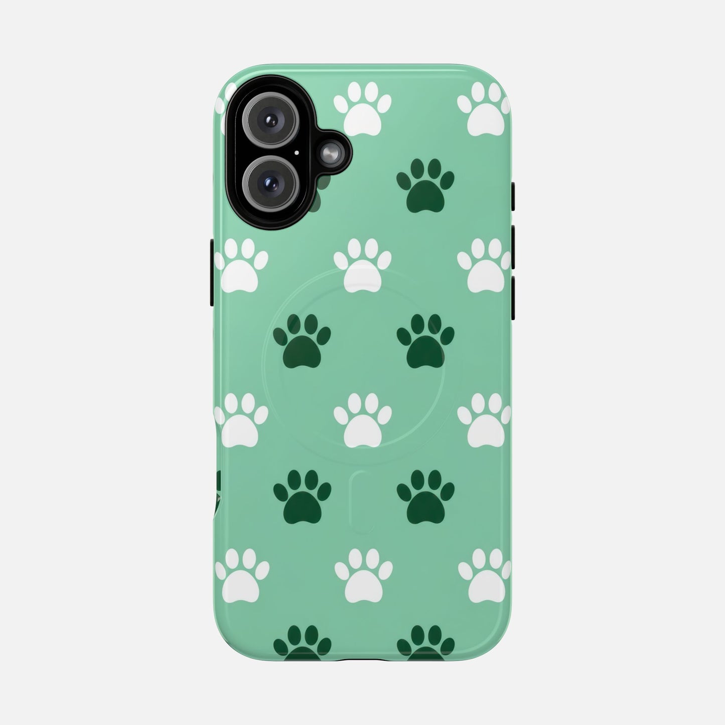Mint green phone case with white and dark green paw print pattern, modern design for pet lovers