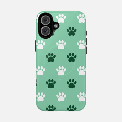 Mint green phone case with white and dark green paw print pattern, modern design for pet lovers