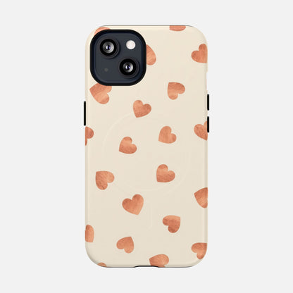 Heart Pattern Tough Magnetic Phone Case — Peach Watercolor Hearts, MagSafe Compatible iPhone 13 Matte Phone Case