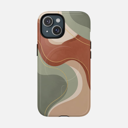 Abstract wave pattern phone case with earthy tones and gold lines, modern design for iPhone