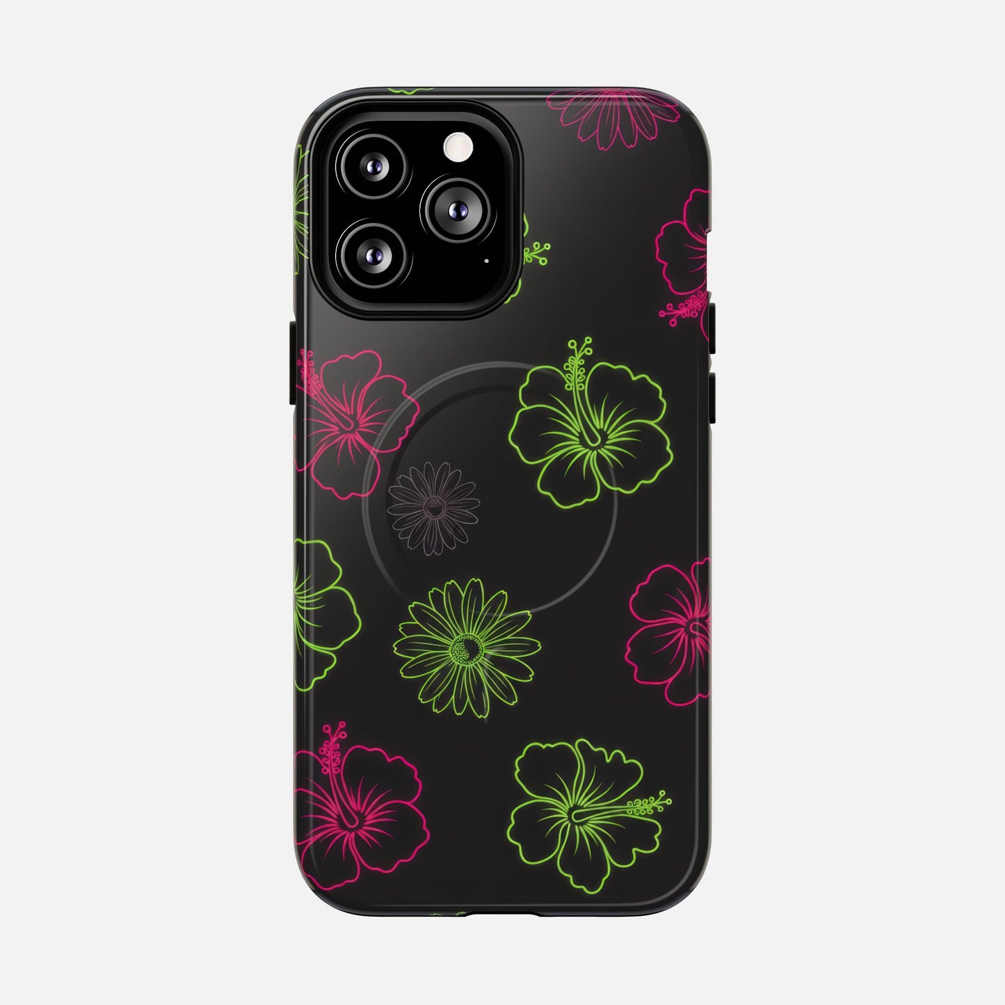 Neon Hibiscus Tough Magnetic Phone Case — Tropical Floral Protective Cover iPhone 13 Pro Max Glossy Phone Case