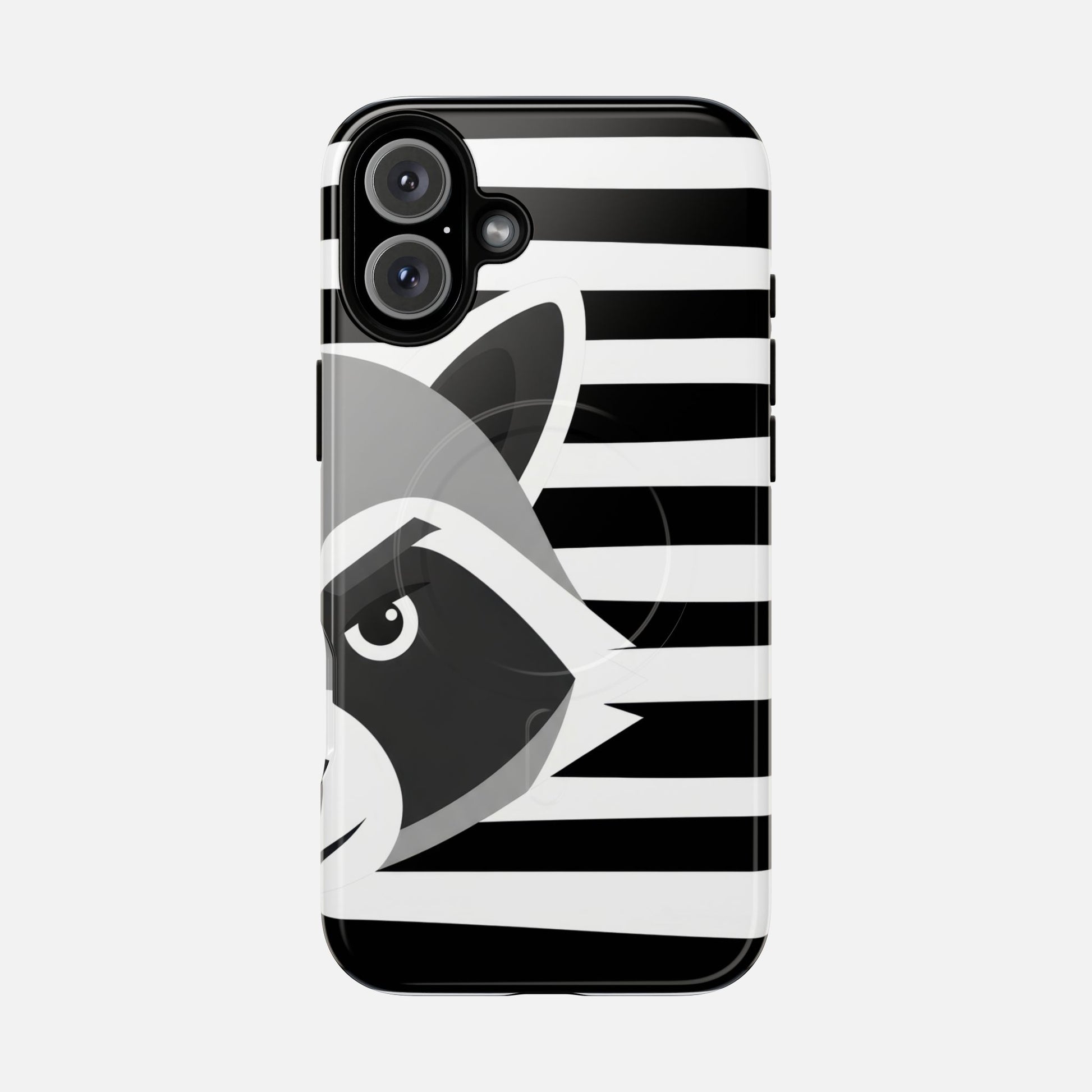 Raccoon Stripe Tough Magnetic Phone Case — Black & White Animal Design iPhone 16 Plus Glossy Phone Case