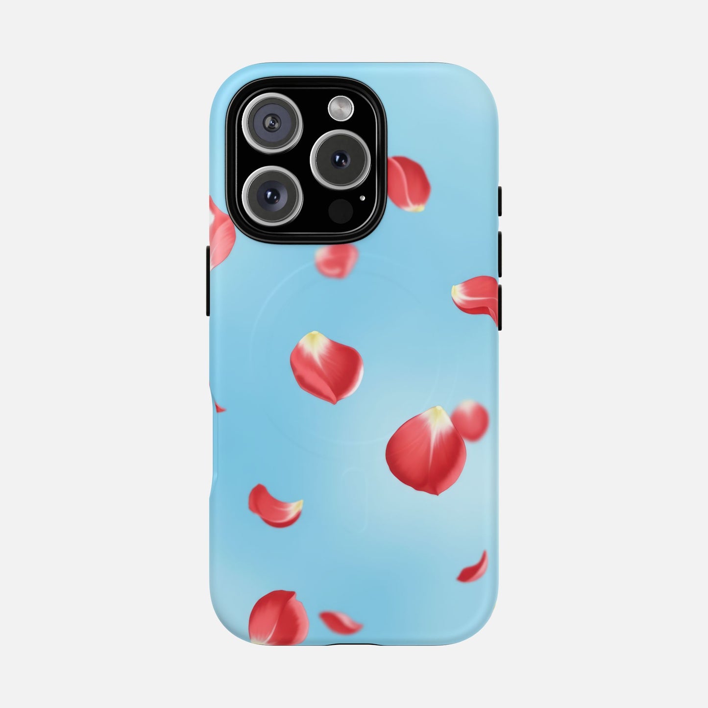 Light blue phone case with floating red rose petals, stylish floral design for iPhone