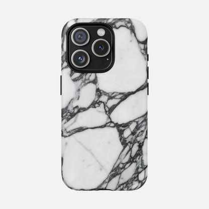 White marble iPhone case with black veining, protective cover with modern design