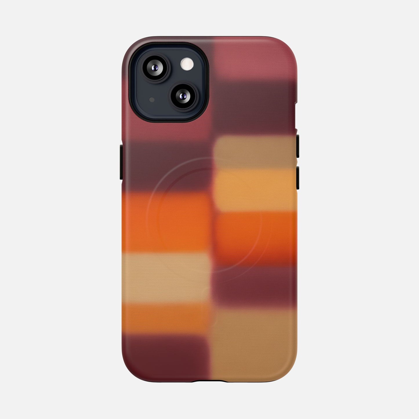 iPhone case with warm gradient plaid design in red, orange, and tan tones