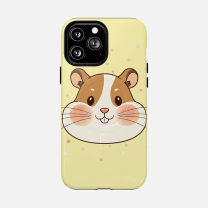 Cute hamster face phone case with pastel polka dots, perfect for iPhone protection and style.