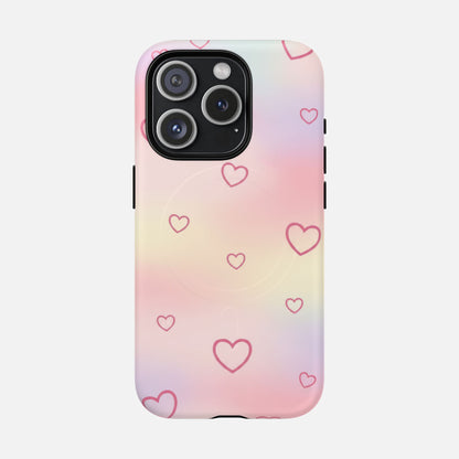Pastel gradient phone case with pink heart pattern, stylish and protective design for iPhone