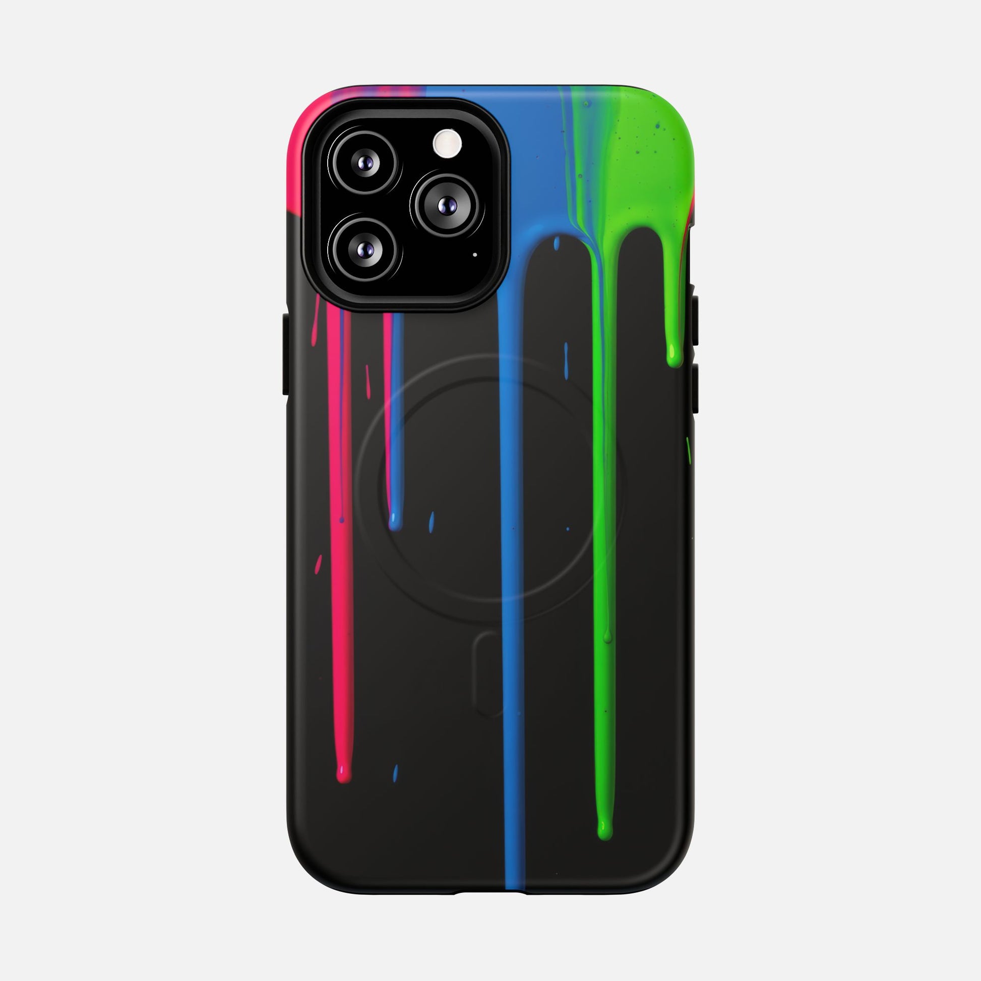 Neon Drip Tough Magnetic Case – Black Phone Cover with Bright Pink, Blue & Green Paint Drips iPhone 13 Pro Max Matte Phone Case
