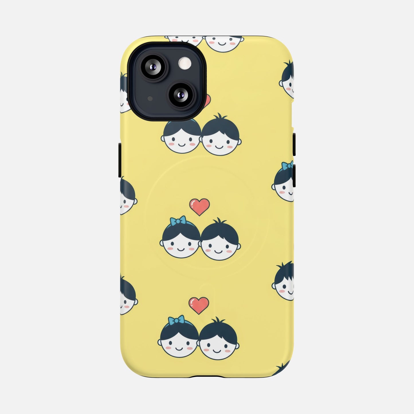 Cute Couple Pattern Yellow Heart-Faced Duo Design iPhone Case — Tough Magnetic | MagSafe Compatible