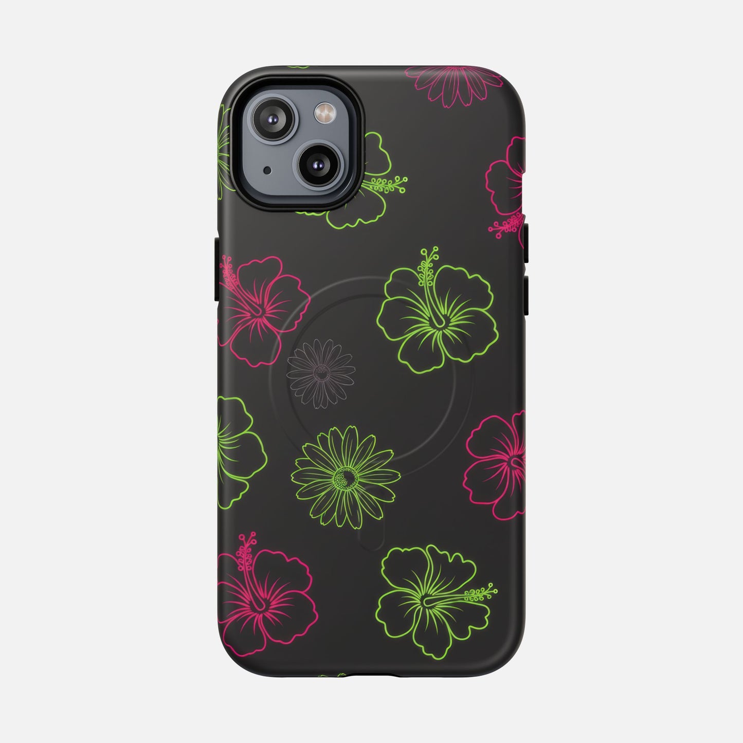 Neon Hibiscus Tough Magnetic Phone Case — Tropical Floral Protective Cover iPhone 14 Plus Matte Phone Case