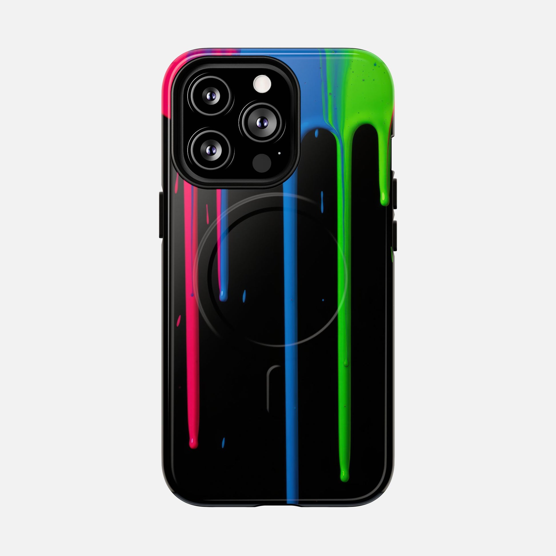 Neon Drip Tough Magnetic Case – Black Phone Cover with Bright Pink, Blue & Green Paint Drips iPhone 13 Pro Glossy Phone Case