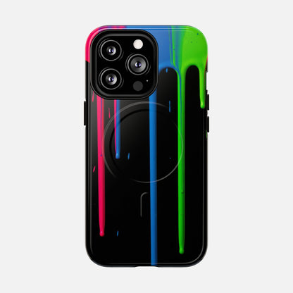 Neon Drip Tough Magnetic Case – Black Phone Cover with Bright Pink, Blue & Green Paint Drips iPhone 13 Pro Glossy Phone Case