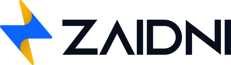 Modern blue and yellow abstract logo with bold black text spelling ZAIDNI