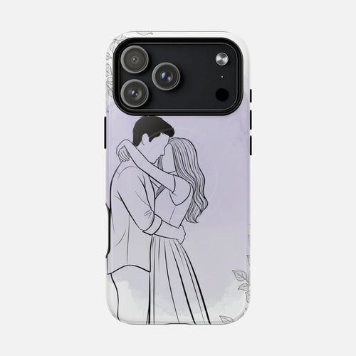 Glossy iPhone case with romantic couple line art and floral accents on a light background