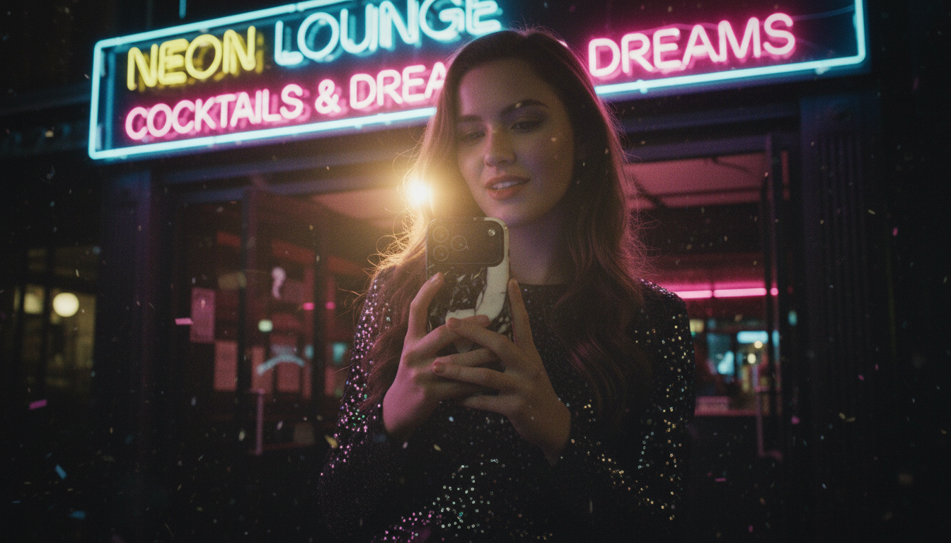 Woman using a phone in front of a neon sign at night