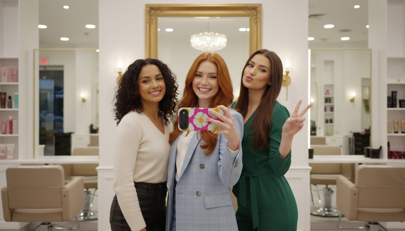 Three women taking a selfie in a salon setting