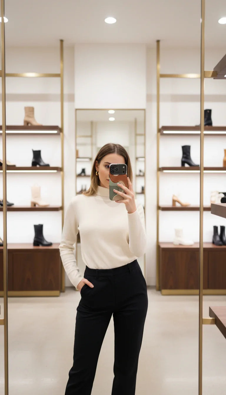 Woman in boutique taking mirror selfie with stylish phone case, shelves of shoes visible