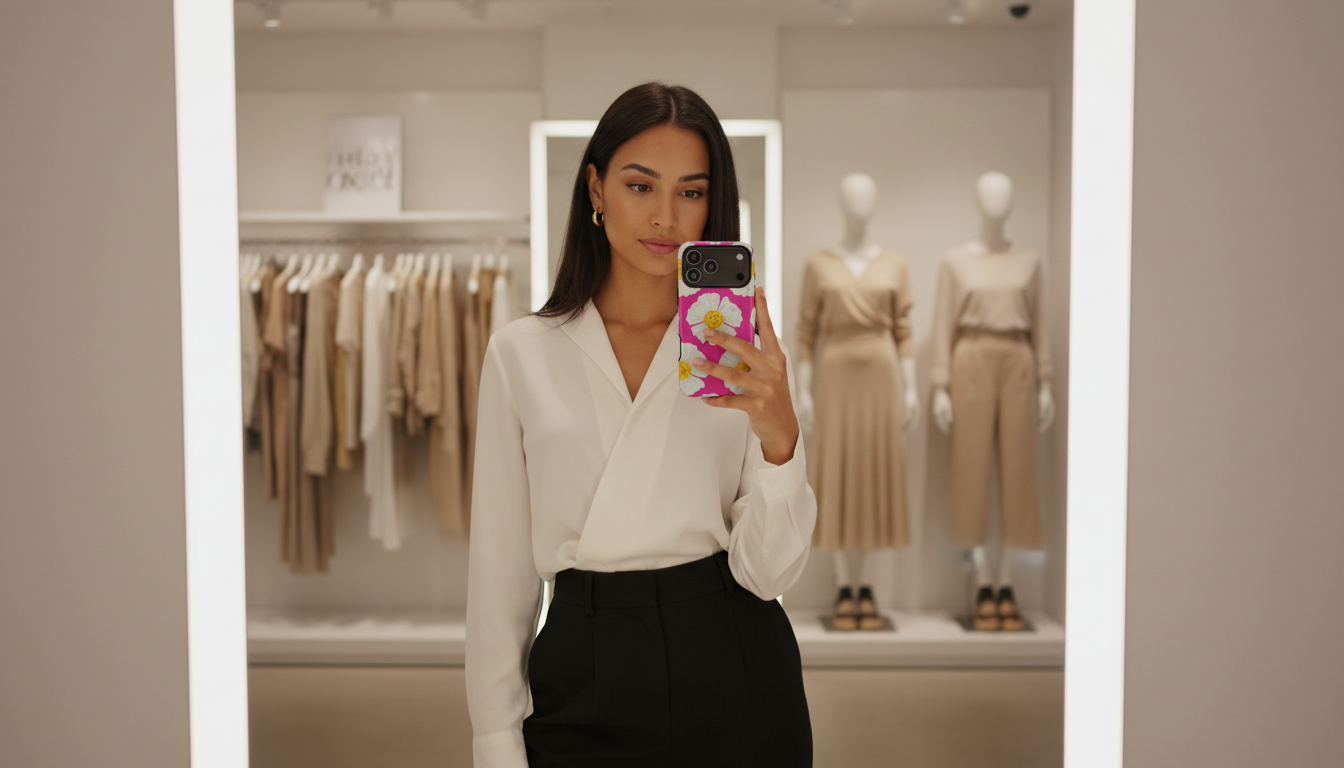 Woman taking a mirror selfie in a clothing store wearing a white blouse and black pants.