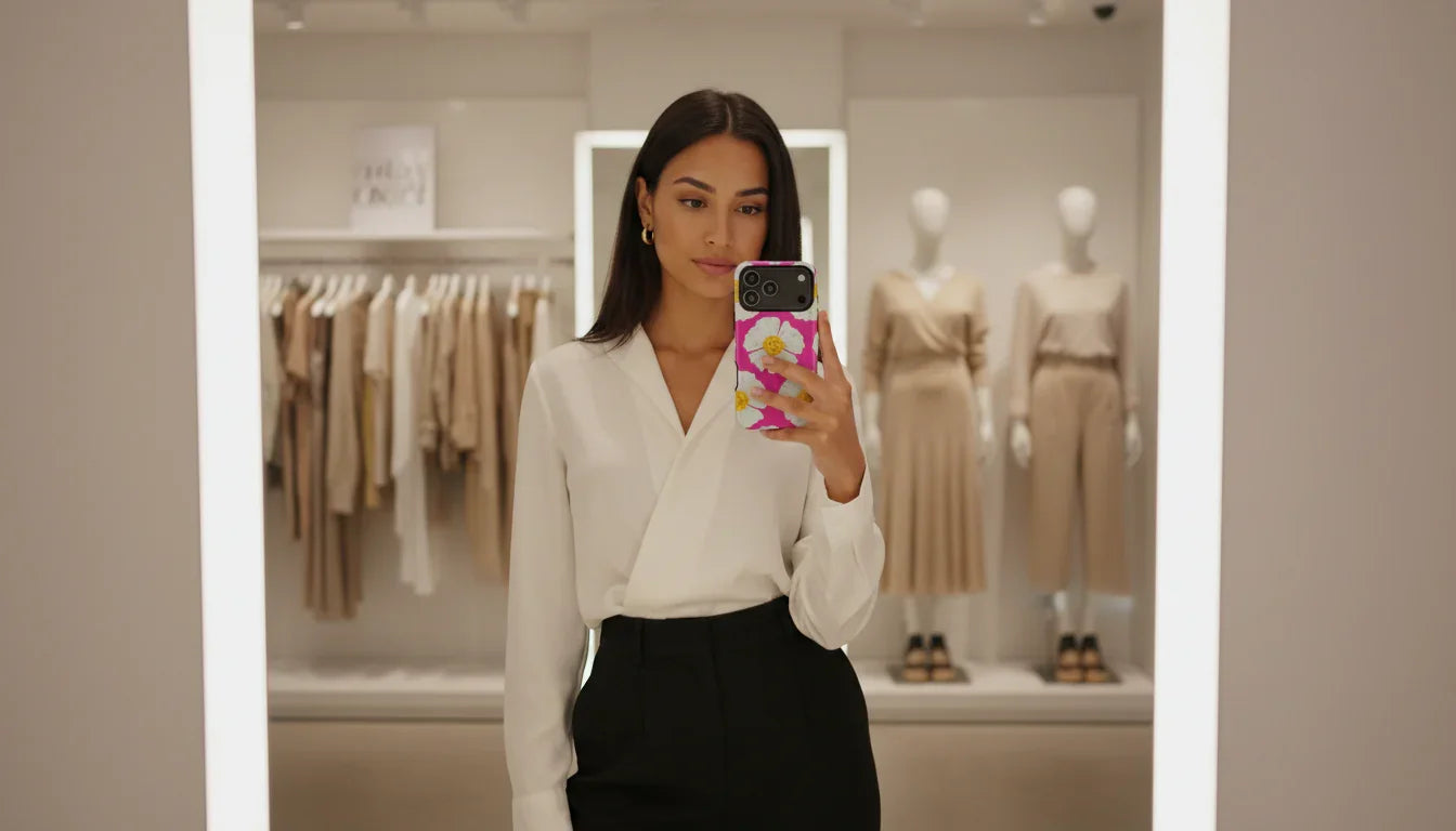Woman taking mirror selfie with floral phone case in modern clothing store