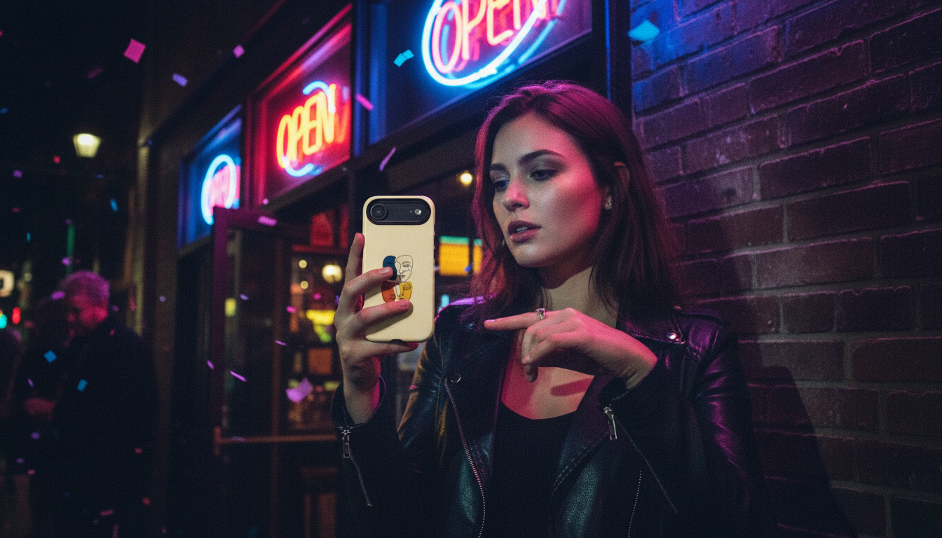 Woman taking a selfie in front of a neon-lit building at night