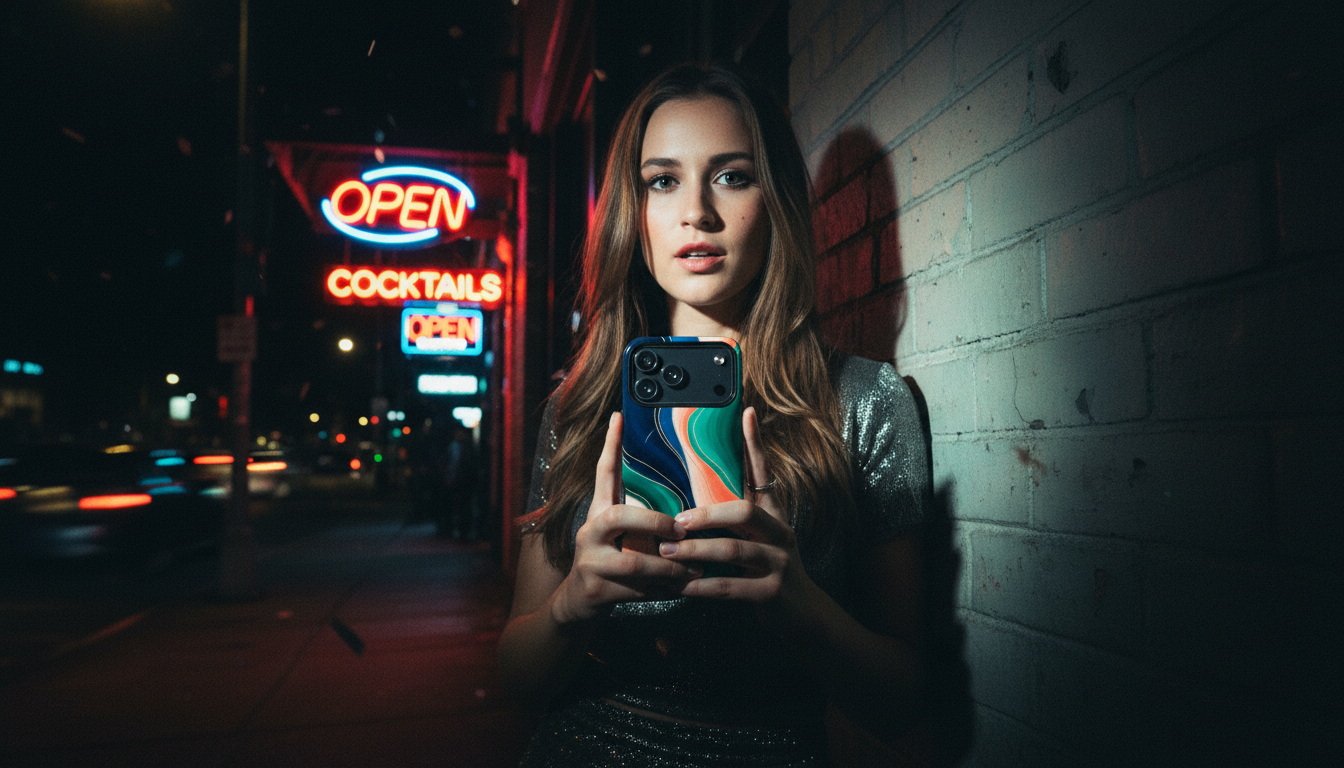 Woman holding a phone with neon signs in the background