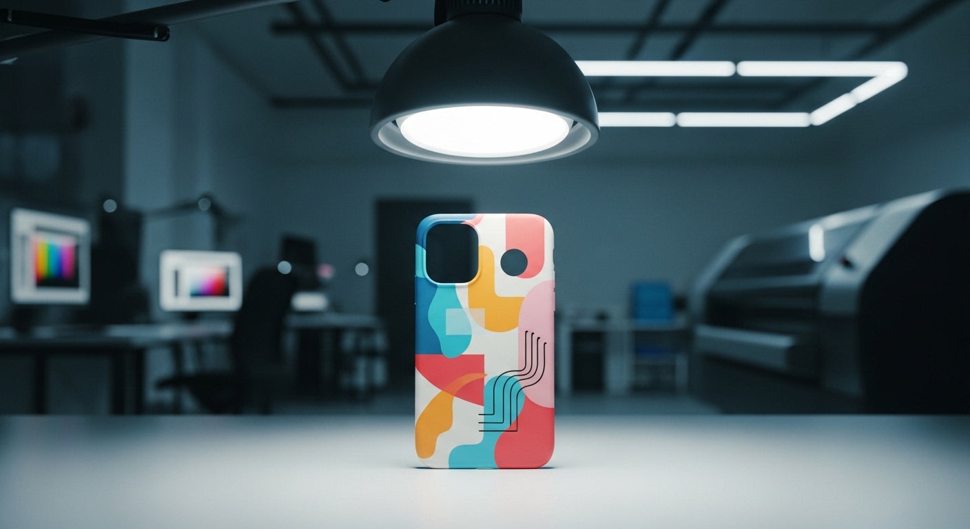 Colorful phone case on a desk in a dimly lit room with computer monitors.