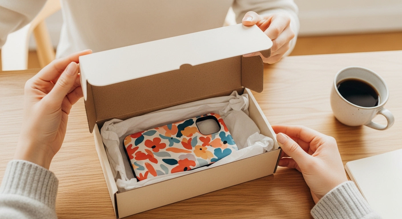 Person opening a box containing a colorful phone case on a wooden table with a cup of coffee.