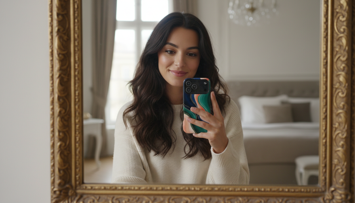 Woman taking a mirror selfie in a stylishly decorated room.