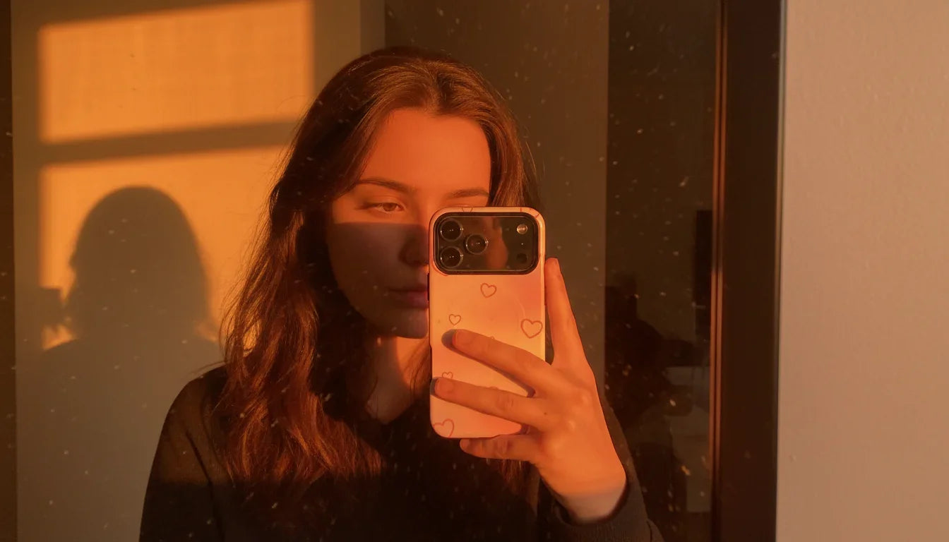 Mirror selfie of woman holding phone with pink heart pattern case in warm sunlight