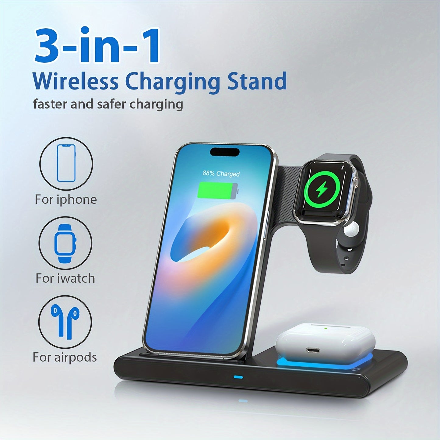 Foldable 3-in-1 Fast Wireless Charger for iPhone, iWatch, and AirPods - Zaidni Store