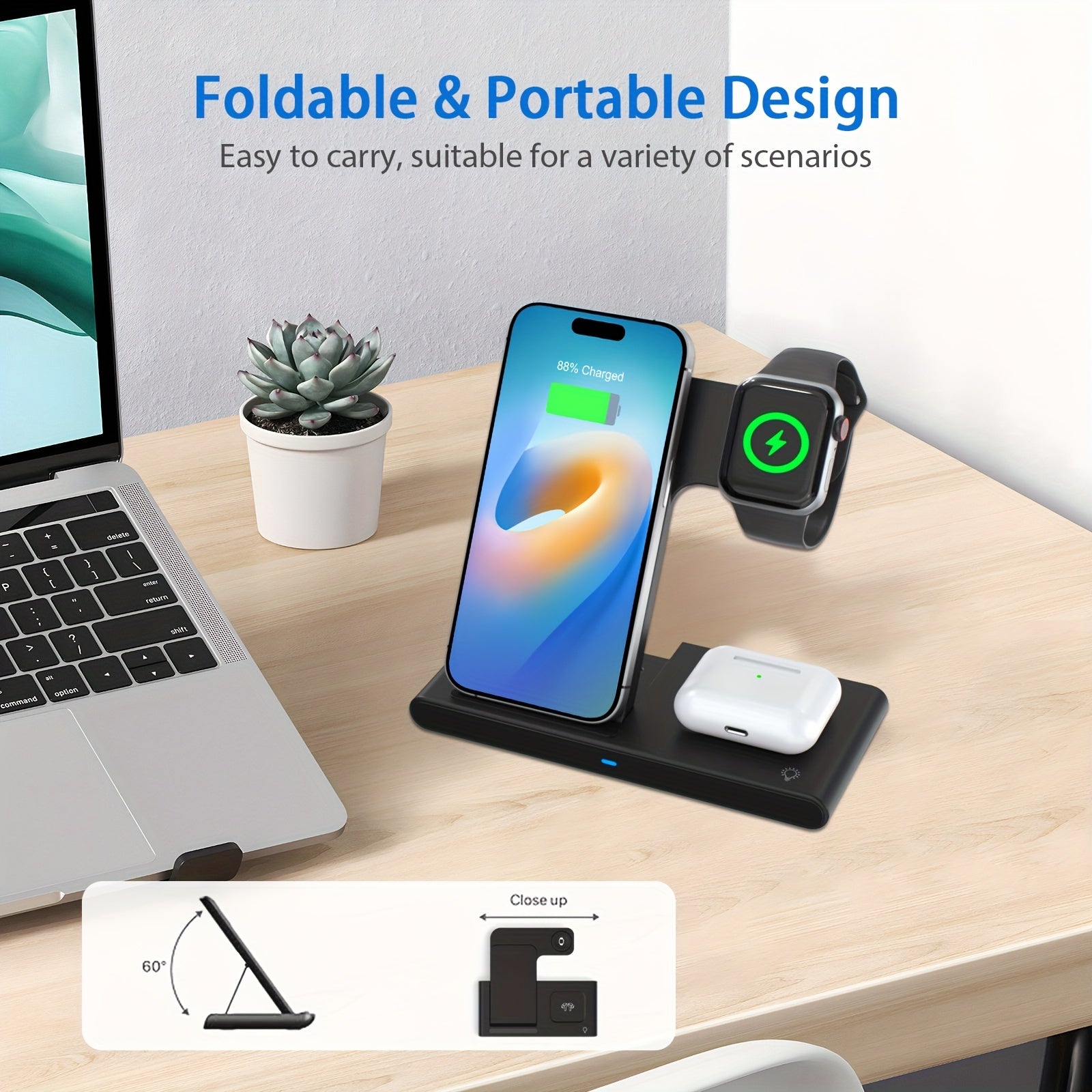 Foldable 3-in-1 Fast Wireless Charger for iPhone, iWatch, and AirPods - Zaidni Store