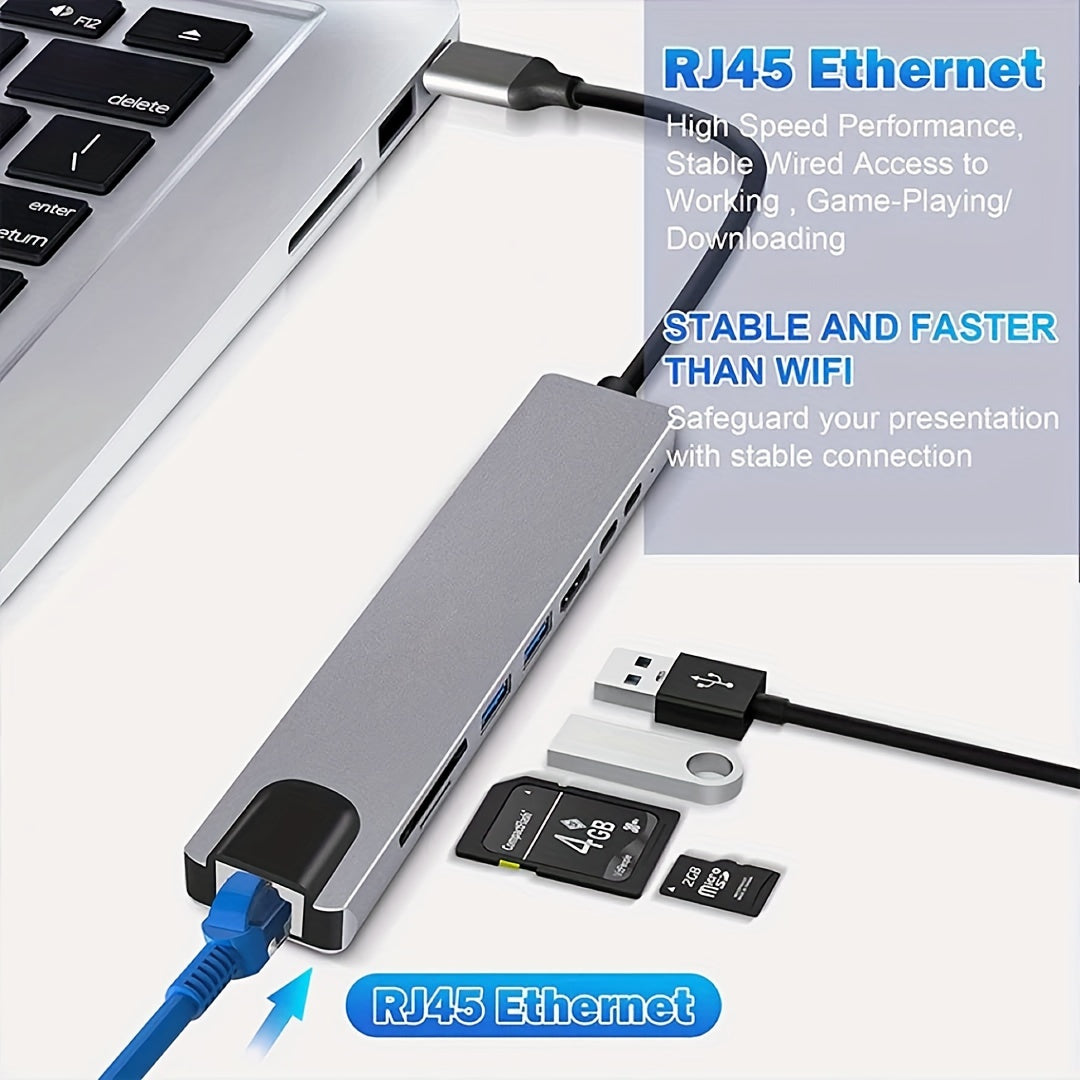 8-in-1 USB-C Hub with 4K HDMI, RJ45, SD/TF Reader & Fast Charging - Zaidni Store