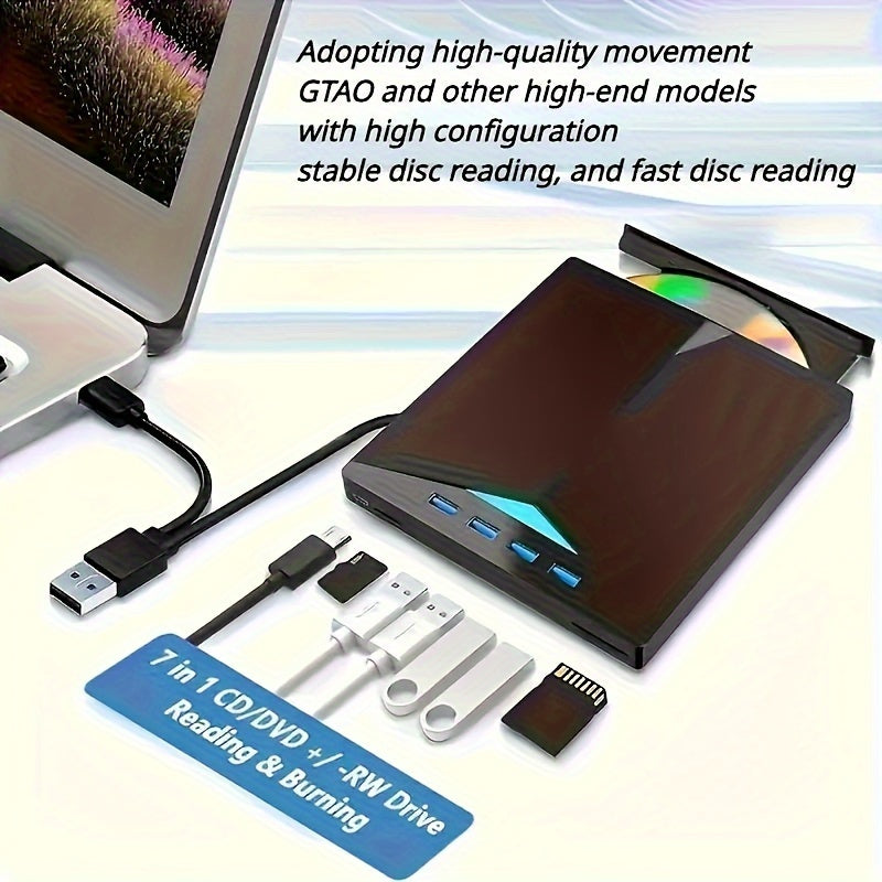 7-in-1 USB-C CD/DVD RW Drive & Hub with SD Reader for Laptops - Zaidni Store