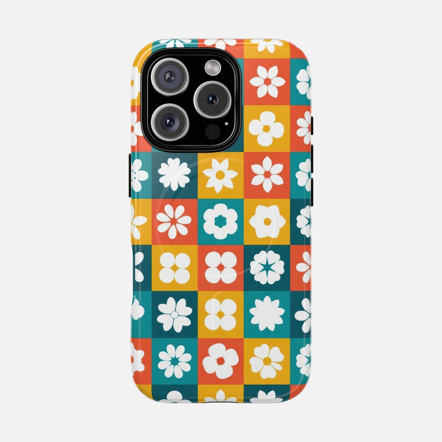 Floral Checkerboard Phone Case — Retro Color Block Tough Magnetic Case - Slim MagSafe Protective Phone Case | Zaidni