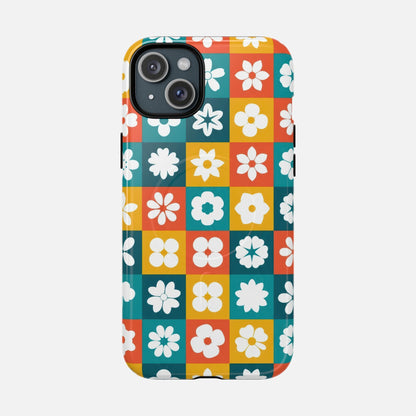 Floral Checkerboard Phone Case — Retro Color Block Tough Magnetic Case - Slim MagSafe Protective Phone Case | Zaidni