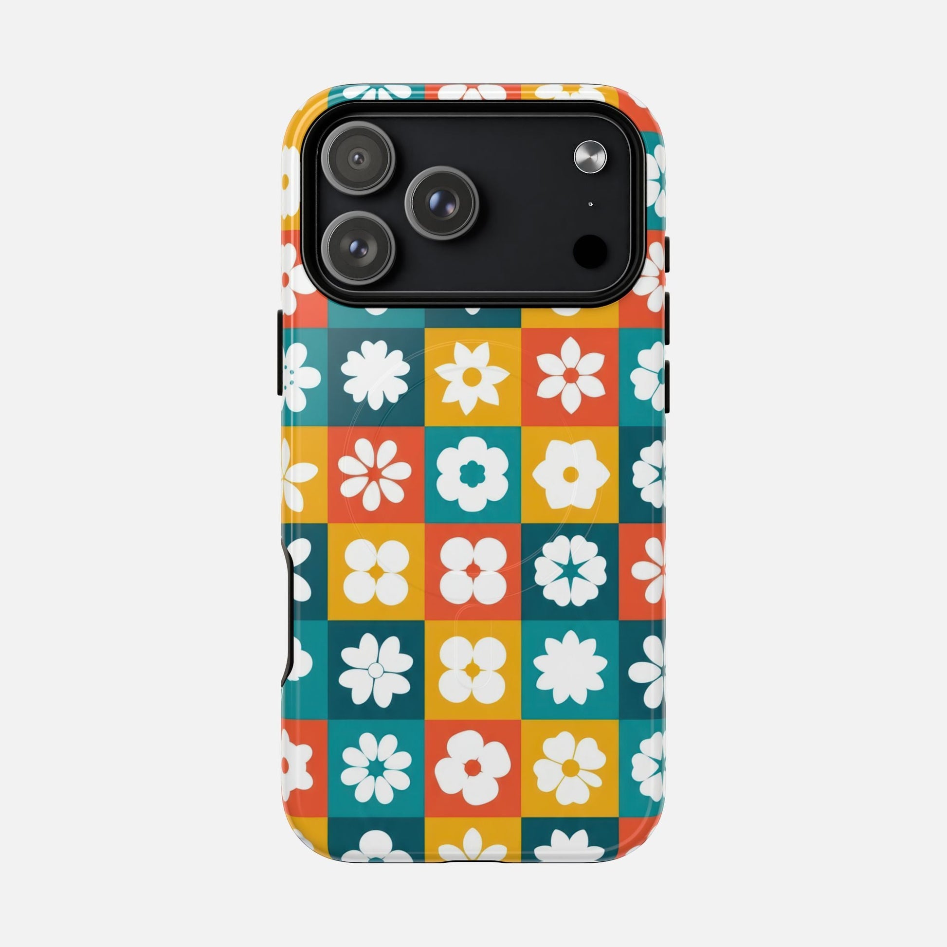 Floral Checkerboard Phone Case — Retro Color Block Tough Magnetic Case - Slim MagSafe Protective Phone Case | Zaidni