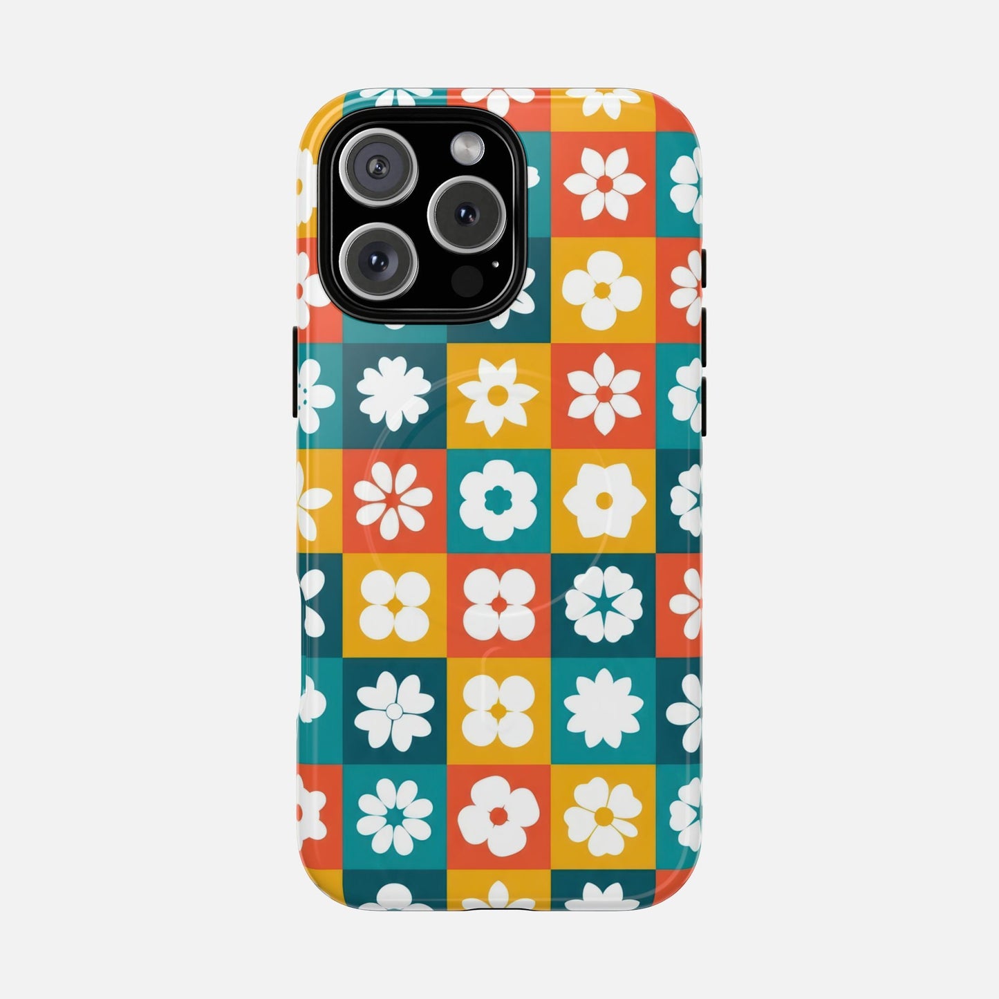 Floral Checkerboard Phone Case — Retro Color Block Tough Magnetic Case - Slim MagSafe Protective Phone Case | Zaidni
