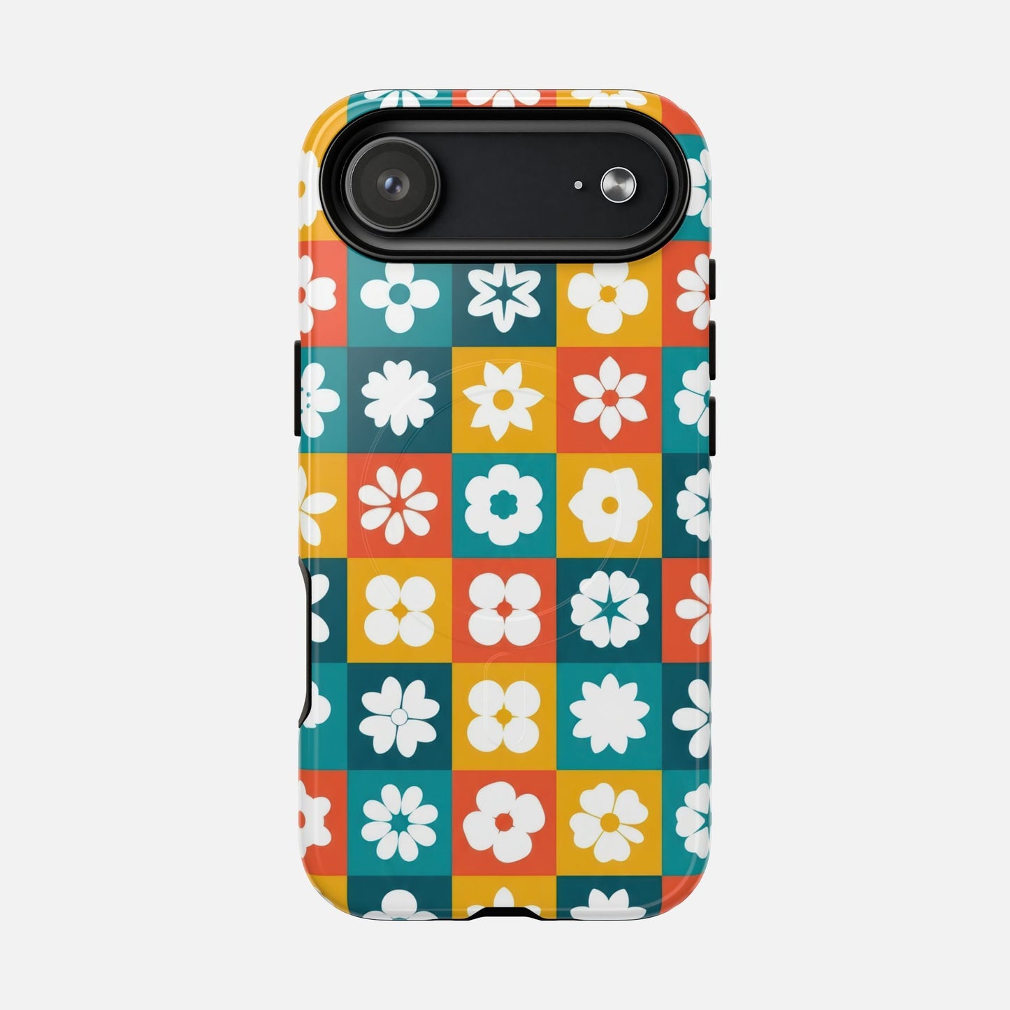 Floral Checkerboard Phone Case — Retro Color Block Tough Magnetic Case - Slim MagSafe Protective Phone Case | Zaidni