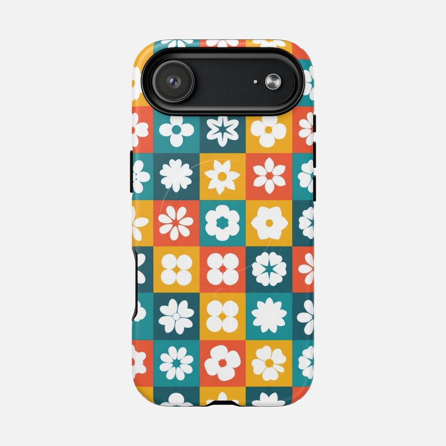 Floral Checkerboard Phone Case — Retro Color Block Tough Magnetic Case - Slim MagSafe Protective Phone Case | Zaidni