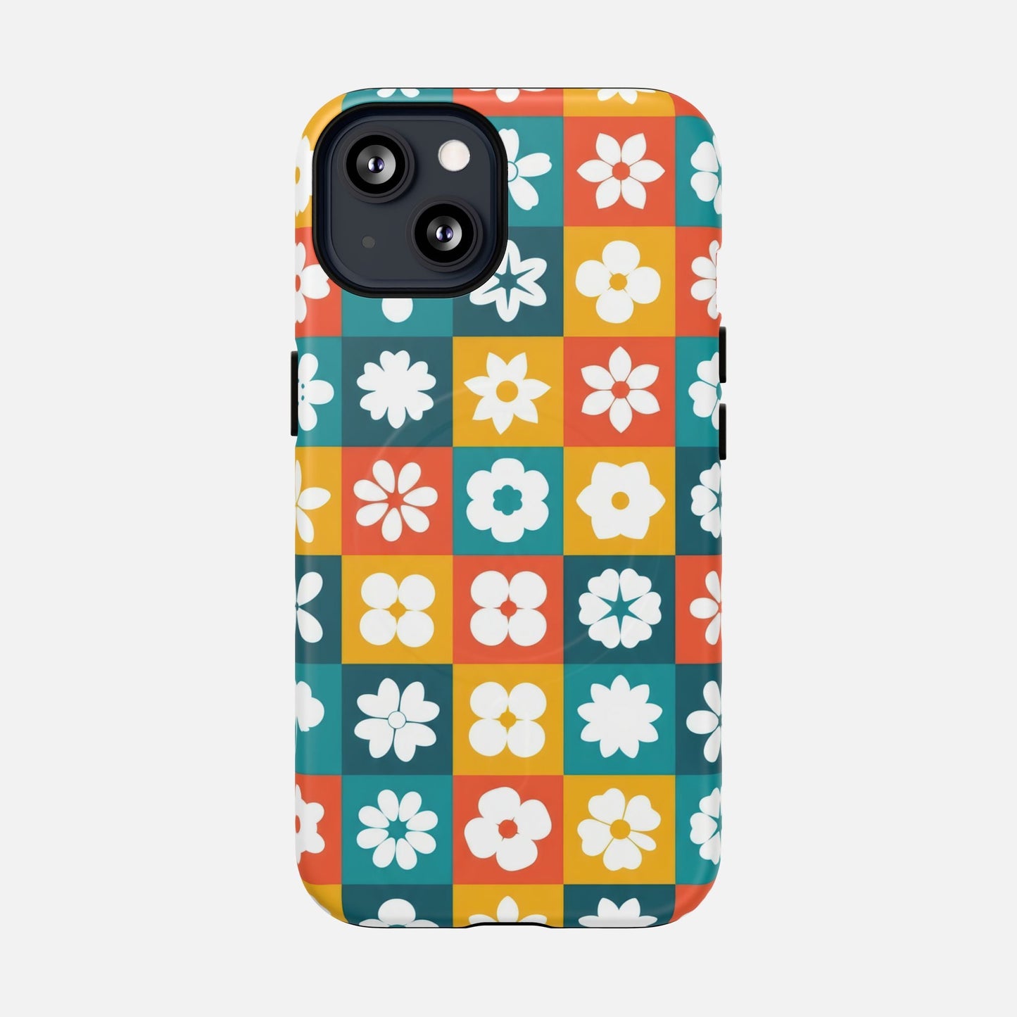 Floral Checkerboard Phone Case — Retro Color Block Tough Magnetic Case - Slim MagSafe Protective Phone Case | Zaidni