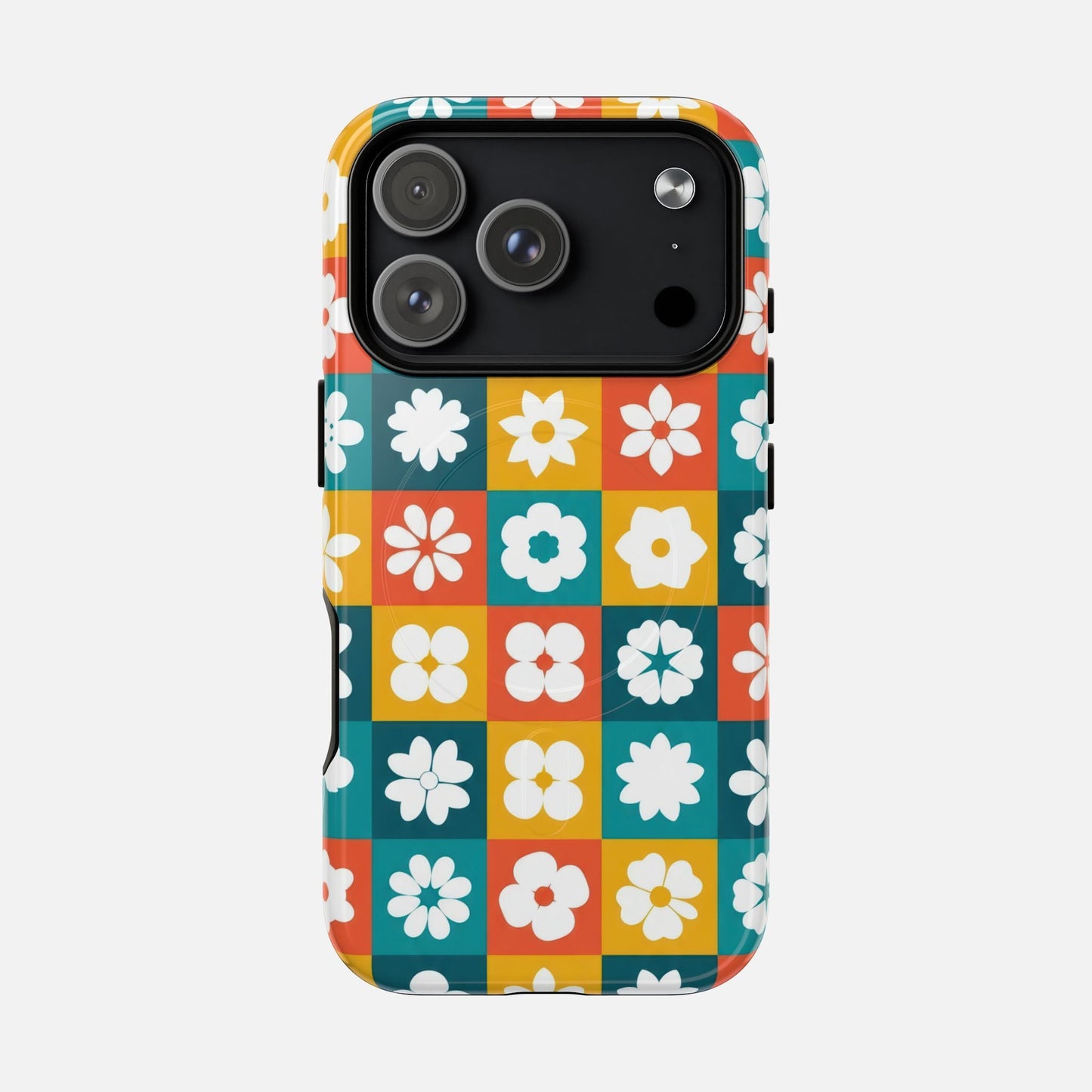 Floral Checkerboard Phone Case — Retro Color Block Tough Magnetic Case - Slim MagSafe Protective Phone Case | Zaidni