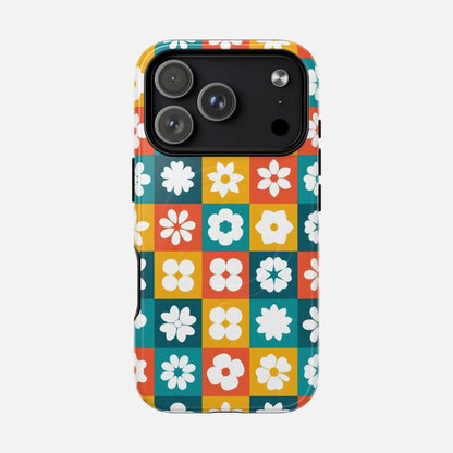 Floral Checkerboard Phone Case — Retro Color Block Tough Magnetic Case - Slim MagSafe Protective Phone Case | Zaidni