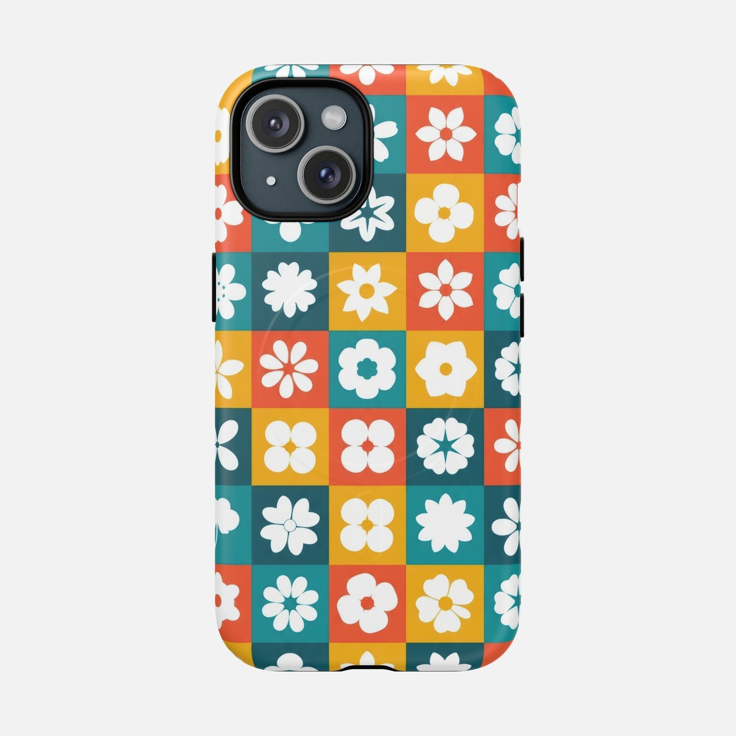 Floral Checkerboard Phone Case — Retro Color Block Tough Magnetic Case - Slim MagSafe Protective Phone Case | Zaidni