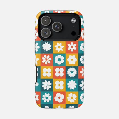 Floral Checkerboard Phone Case — Retro Color Block Tough Magnetic Case - Slim MagSafe Protective Phone Case | Zaidni