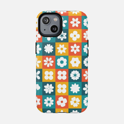 Floral Checkerboard Phone Case — Retro Color Block Tough Magnetic Case - Slim MagSafe Protective Phone Case | Zaidni