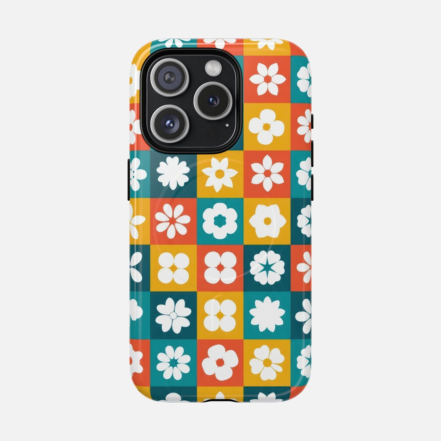 Floral Checkerboard Phone Case — Retro Color Block Tough Magnetic Case - Slim MagSafe Protective Phone Case | Zaidni
